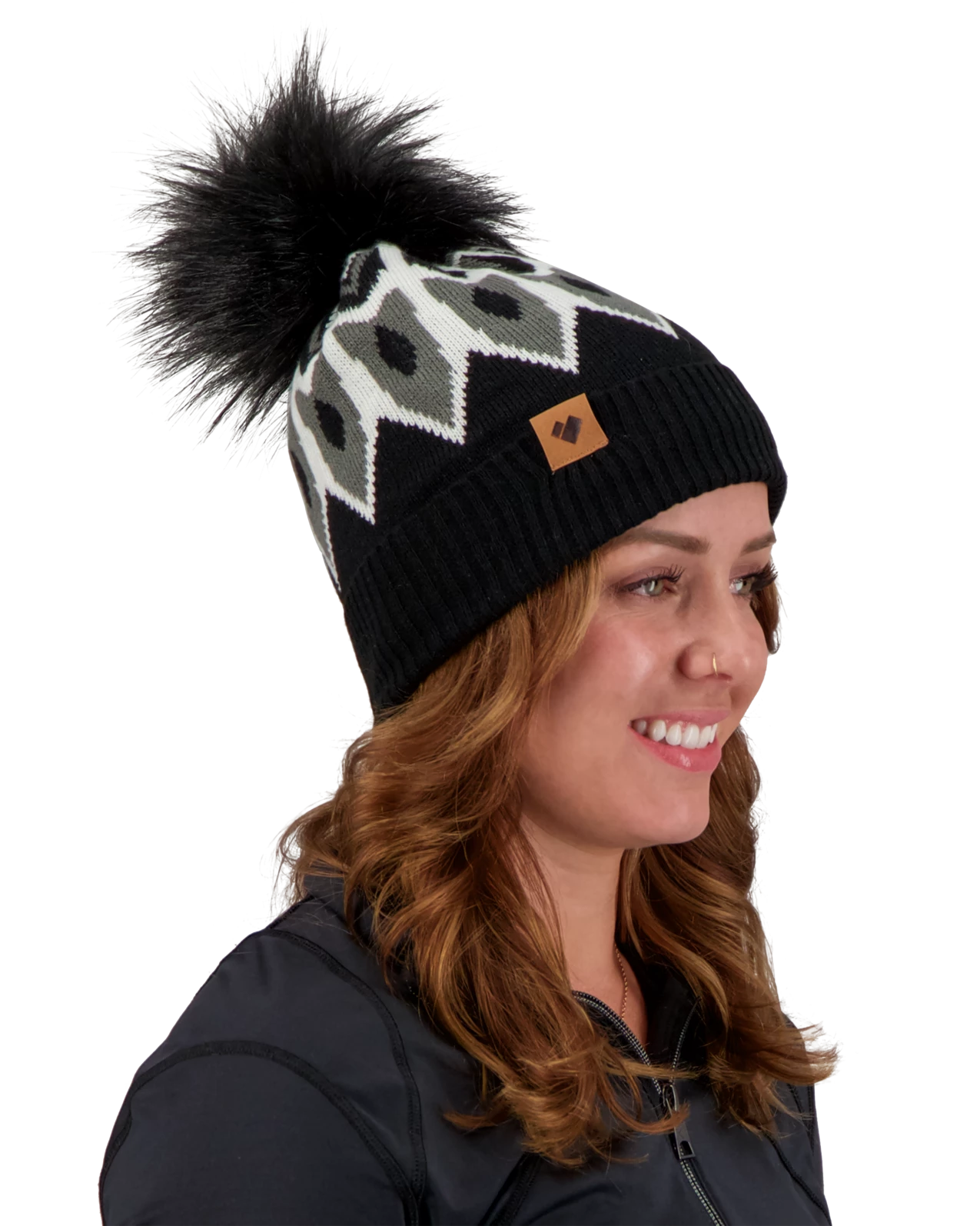 Obermeyer Fair Isle Faux Fur Pom Beanie - Black 4 Obermeyer Fair Isle Faux Fur Pom Beanie - Black - Image 2